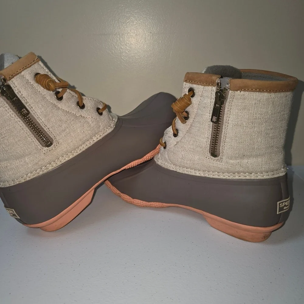 Sperry Saltwater Canvas Duck Boots Womens 8 Grey Tan‎ Coral STS85226 Waterproof